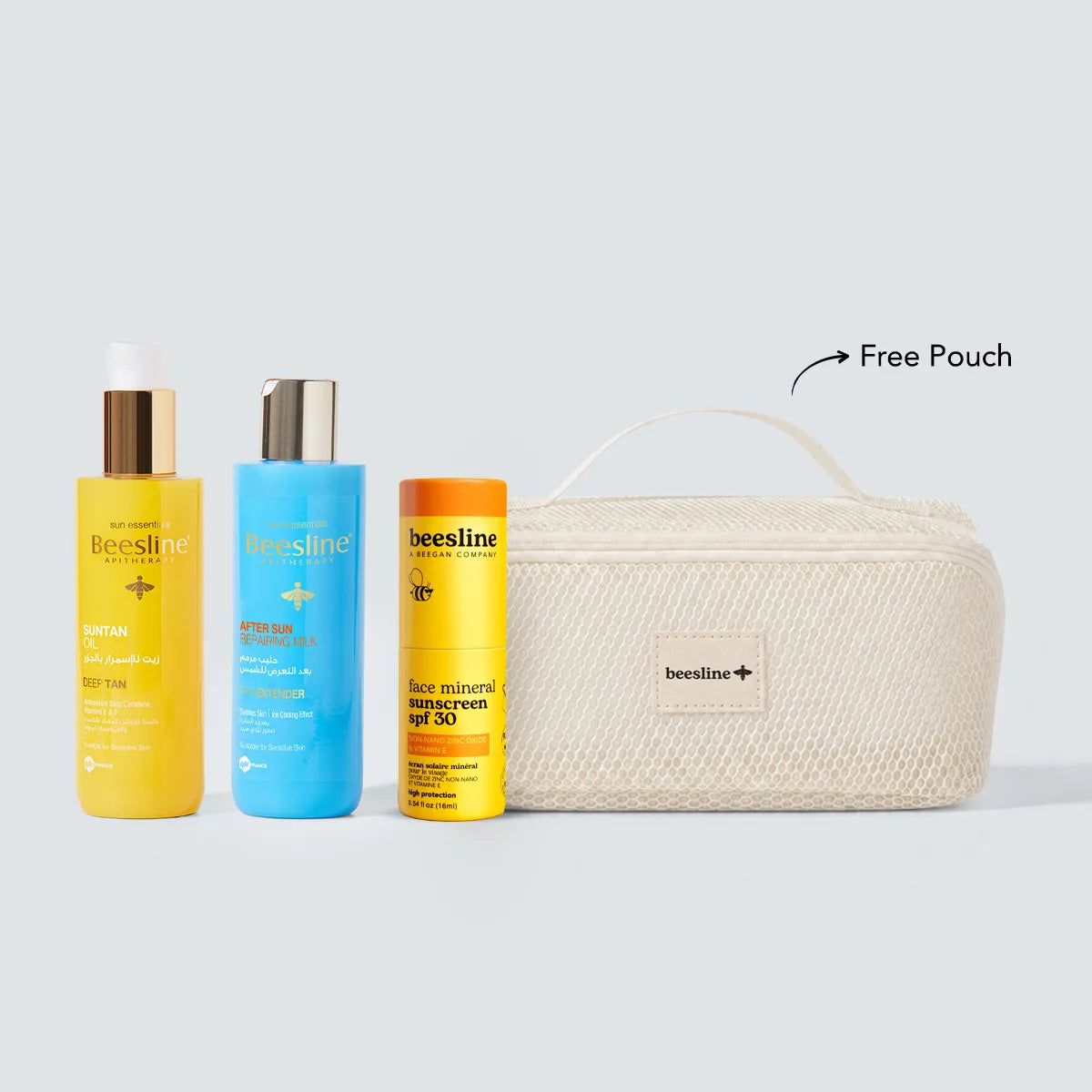 After Sun Milk + Face Mineral Sunscreen SPF30 + Suntan Oil + FREE Pouch