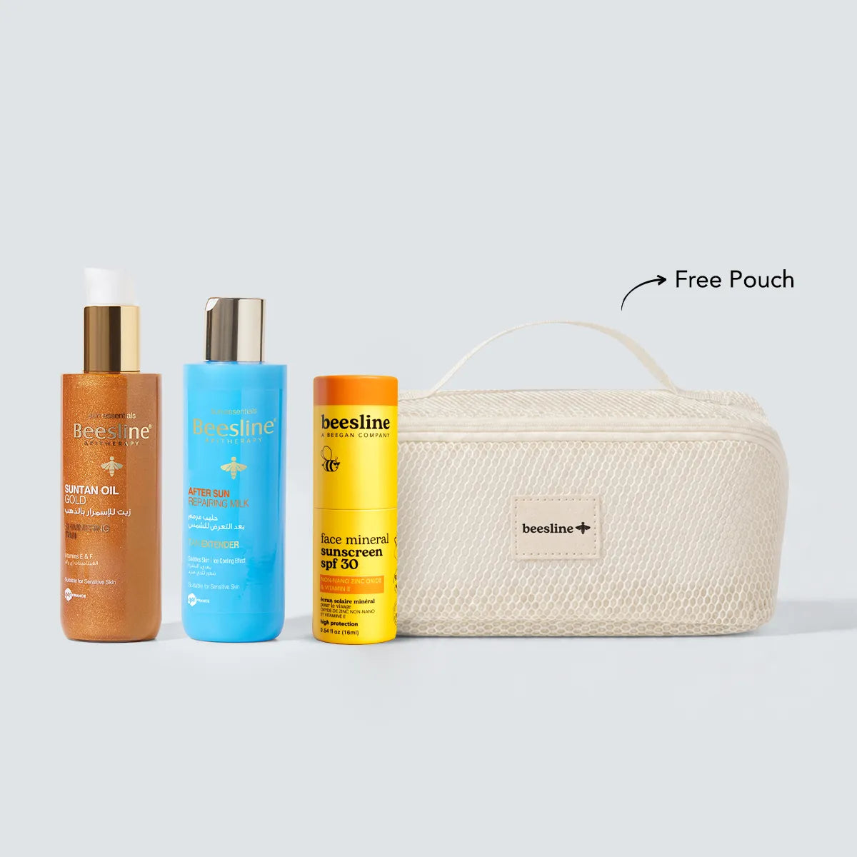 After Sun Milk + Face Mineral Sunscreen SPF30 + Suntan Oil Gold + FREE Pouch